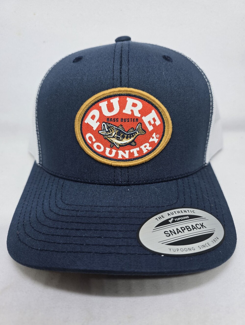 🎣 Pure Country Bass Buster Snapback Trucker Hat Navy White Mesh Fishing Cap